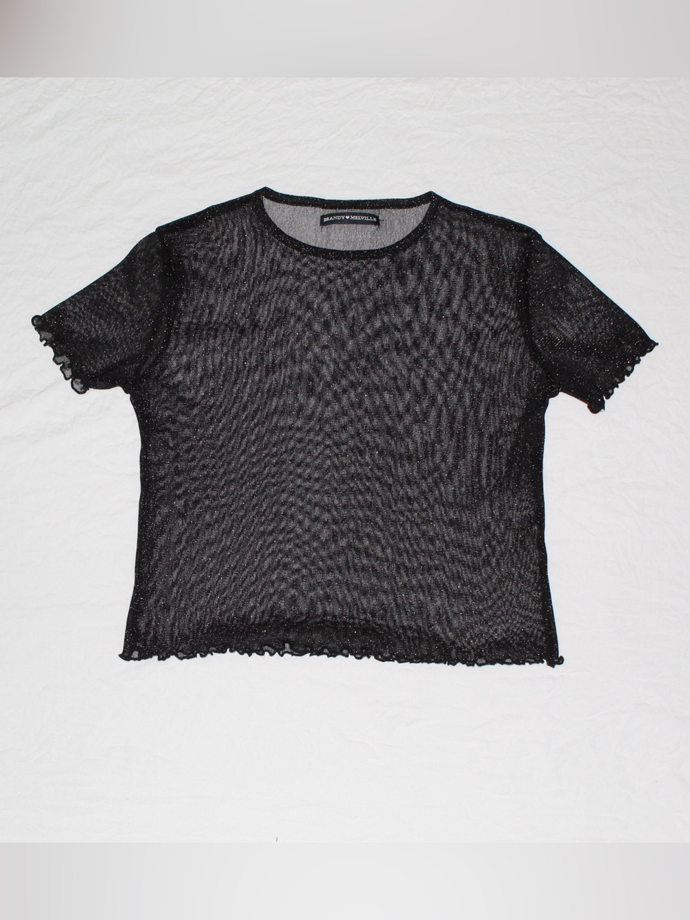 Brandy Melville Black Sheer Mesh Short Sleeve Top With Subtle Sparkles